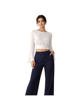 Ambiance White Bell Sleeve Tie Back Crop Top Size Small
